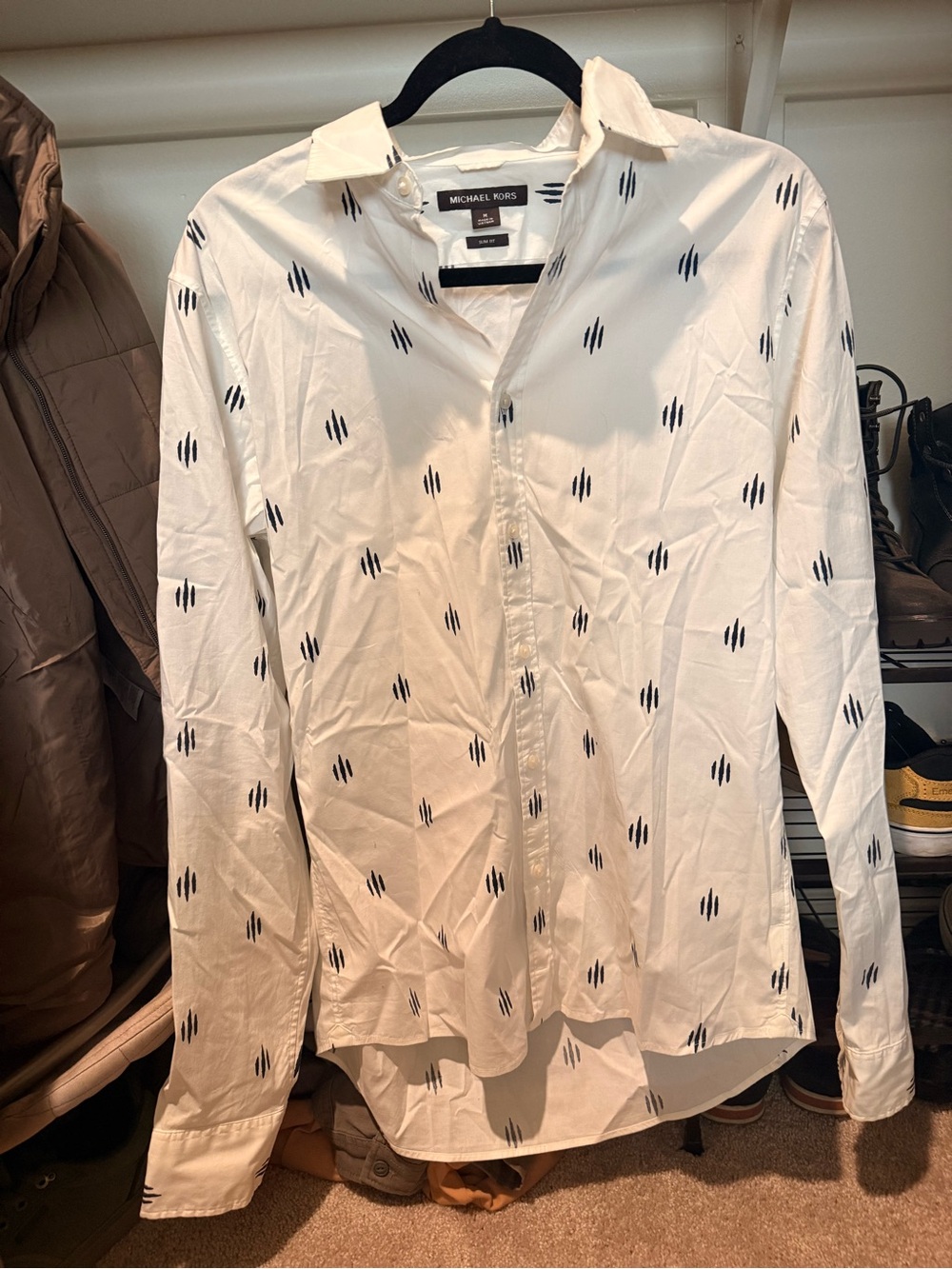 Michael Kors White Button-Down Shirt with Navy Dot Motif